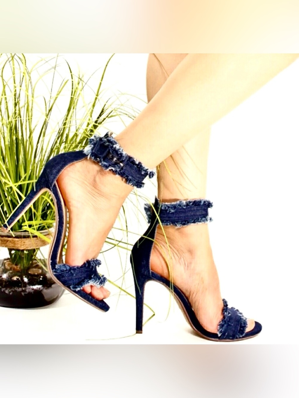 Forever Women’s Delicate 18 Frayed Blue Denim Open Toe High Heel Sandals